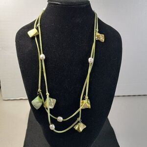 Green leather Dyed Freshwater shells and cream color Freshwater Pearls necklace